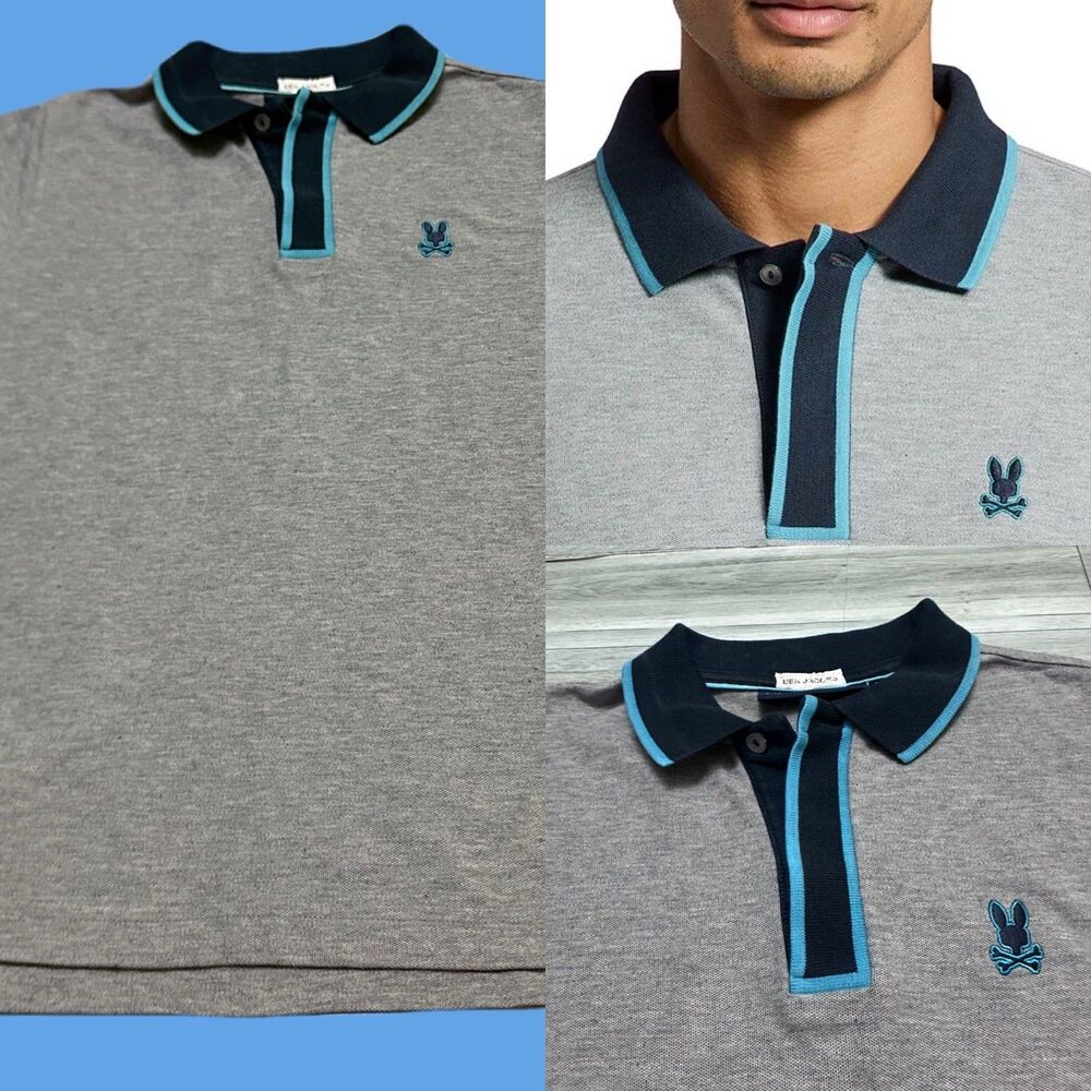 Psycho Bunny Kids  Gray Polo Shirt with Blue Trim L (14)